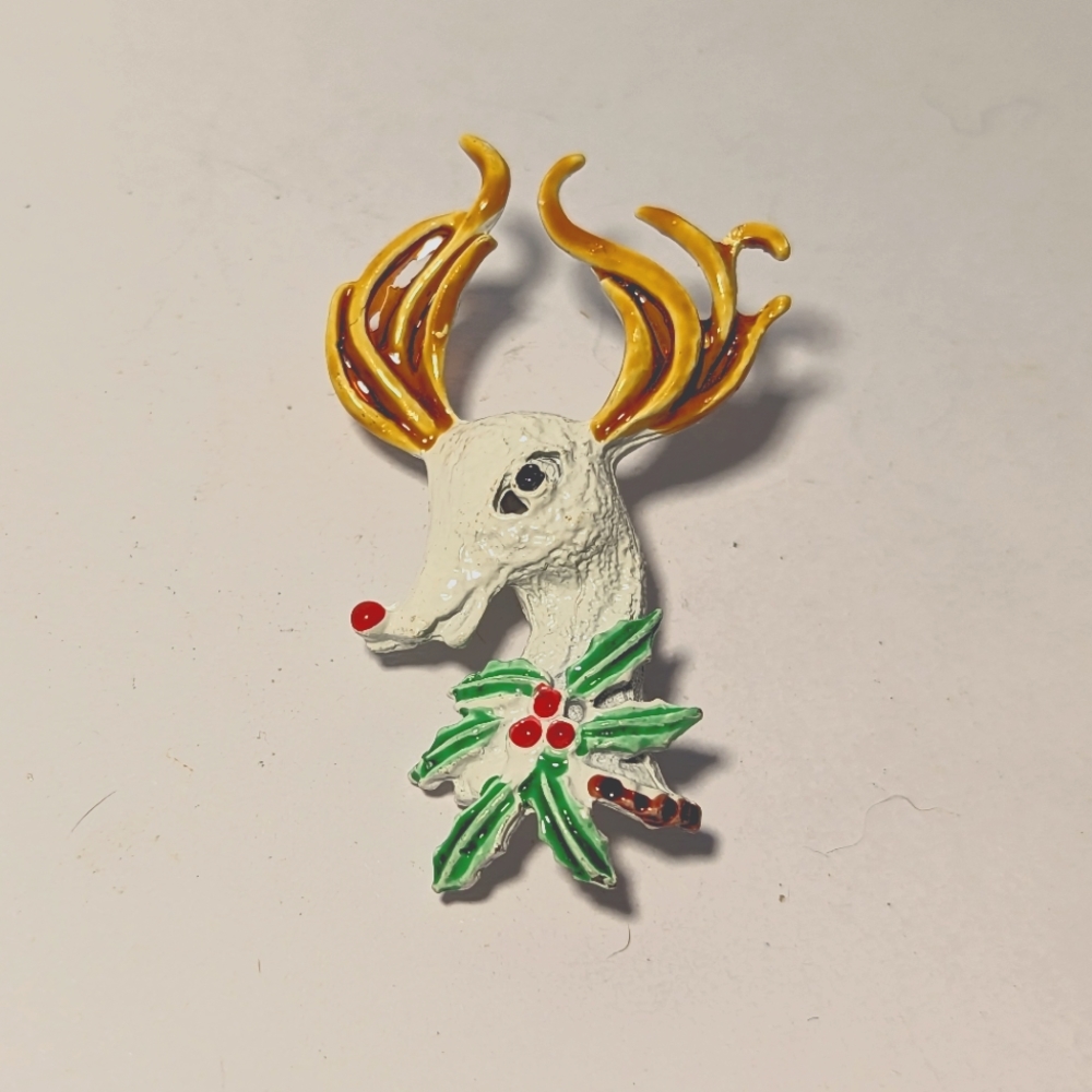 Vintage White Reindeer Brooch Pin Christmas Holiday